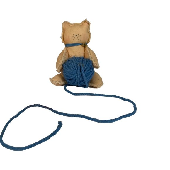 handmade Other - Handmade Fabric Tan Cat with Blue Yarn Ball 3 1/2" Kitten Collectible